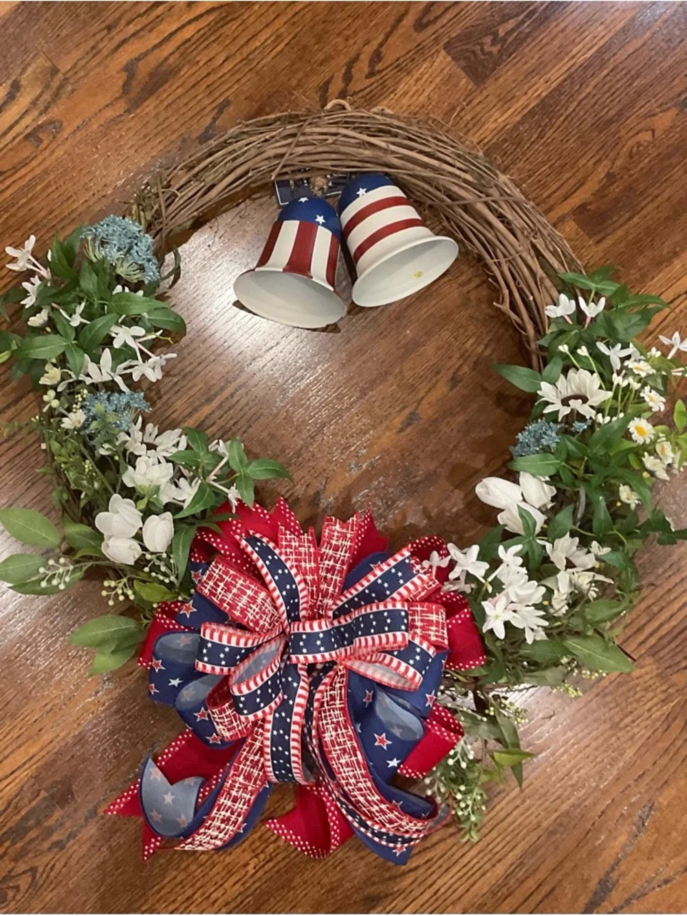 Patriotic Grapevine Holiday Wreath with Red, White & Blue Accents